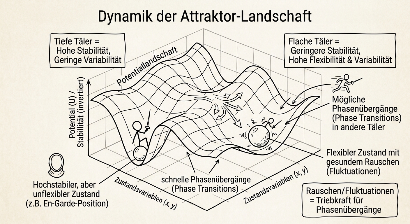 Ein wissenschaftliches 3D-Diagramm einer Attraktor-Landschaft (Attractor Landscape) aus der Systemdynamik im xkcd-Stil. Zu sehen ist eine wellenförmige Oberfläche (Potenziallandschaft) mit Tälern (stabile Attraktoren, z.B. En-Garde-Position). Eine xkcd-Figur mit Degen in einem tiefen Tal symbolisiert einen hochstabilen, aber unflexiblen Zustand. Eine xkcd-Person mit Degen in einem flacheren Tal symbolisiert einen flexiblen Zustand mit gesundem Rauschen (Fluktuationen), aus dem heraus schnelle Phasenübergänge (Phase Transitions) in andere Täler möglich sind.