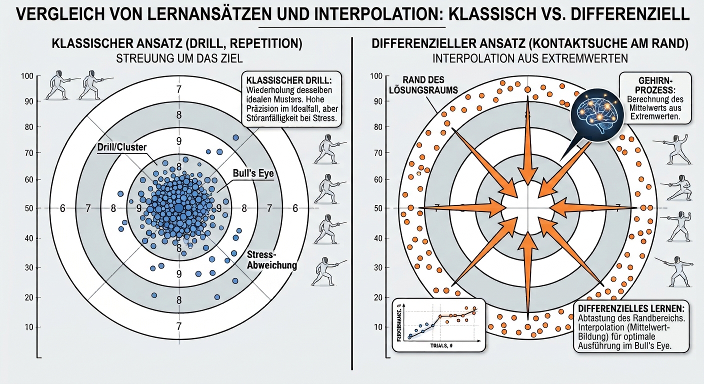Ein wissenschaftliches Streudiagramm (Scatterplot) zur Veranschaulichung des Differenziellen Lernens und der Interpolation. Zwei Zielscheiben oder Koordinatensysteme im Vergleich. Links (Klassisch): Dicht gedrängte, aber leicht streuende Punkte in der Mitte (Drill), die bei Stress abweichen. Rechts (Differenziell): Punkte, die bewusst am äußeren Rand des Lösungsraums (