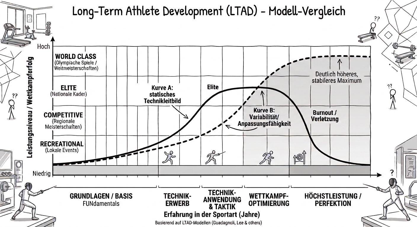 Ein wissenschaftliches Liniendiagramm zum Long-Term Athlete Development (LTAD). X-Achse: Alter / Jahre Erfahrung in der Sportart. Y-Achse: Leistungsniveau / Wettkampferfolg. Zwei Entwicklungskurven: Kurve A (Statisches Technikbild) steigt sehr früh steil an, erreicht aber schnell ein Plateau und sinkt dann (Burnout/Verletzung). Kurve B (Variabilität/Anpassungsfähigkeit) steigt anfangs flacher und langsamer an, kreuzt dann aber Kurve A im Bereich der Wettkampfoptimierung und erreicht ein deutlich höheres, stabileres Leistungs-Maximum (World Class). Seriöses, klares, datengetriebenes Design.