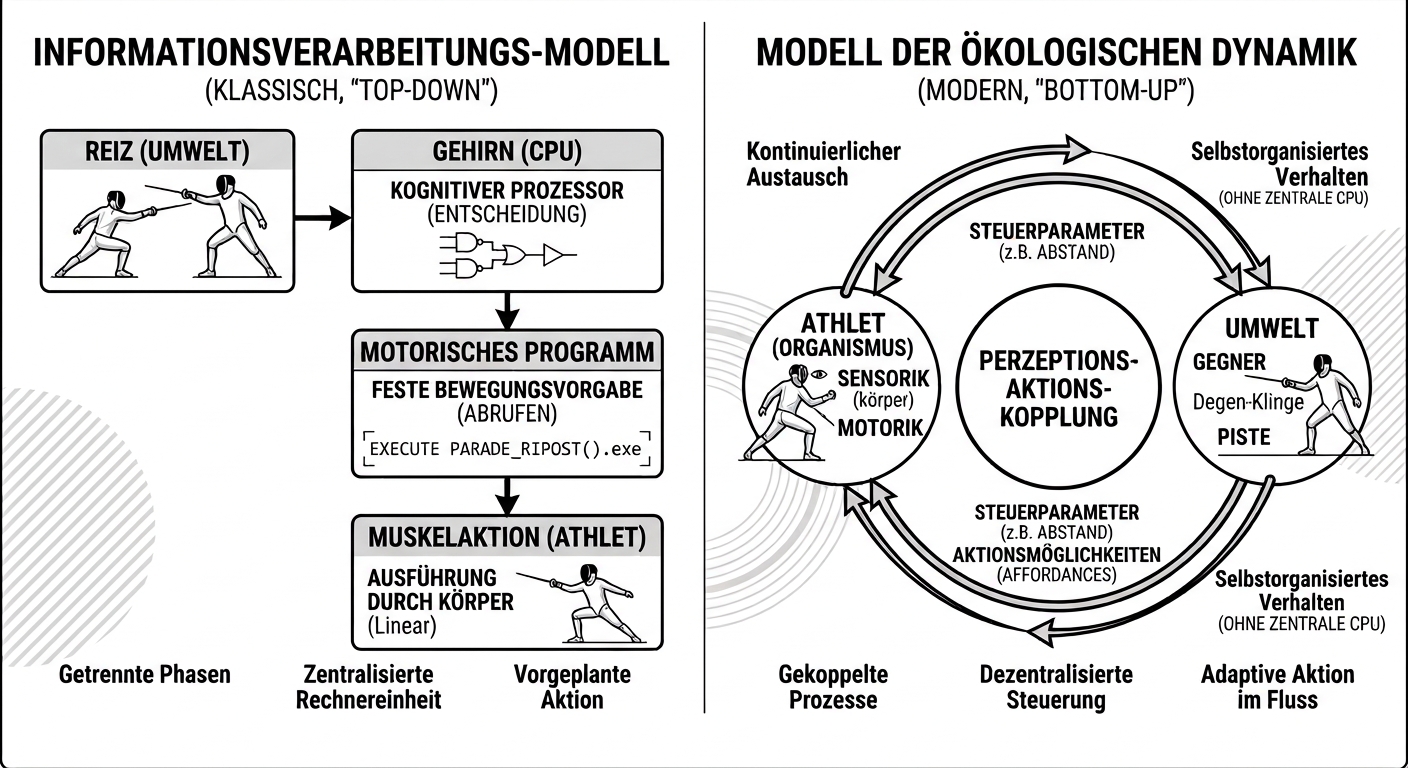 Ein wissenschaftlich-sachliches, aber modernes Diagramm, das zwei Modelle der Handlungssteuerung vergleicht. Links: Das klassische 
