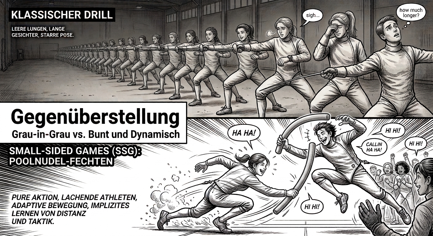 Eine Gegenüberstellung von klassischem Drill und Small-Sided Games (SSG). Obere Hälfte (grau-in-grau): Eine endlose, langweilige Reihe von Fechtern, die alle monoton denselben Ausfall in die leere Luft machen, einige schauen auf die Uhr. Untere Hälfte (bunt und dynamisch): Zwei Fechter spielen 